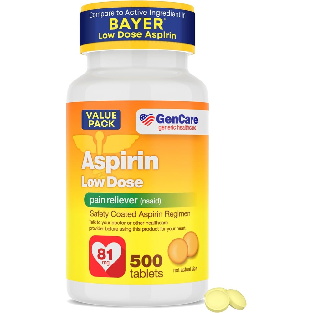 GenCare Low Dose Aspirin 81mg 500 Tablets bottle front view for adult pain relief.