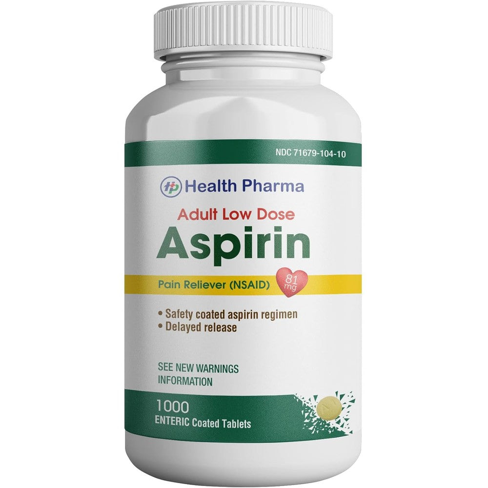 Health Pharma Aspirin 81 mg 1000 enteric coated tablets front bottle view