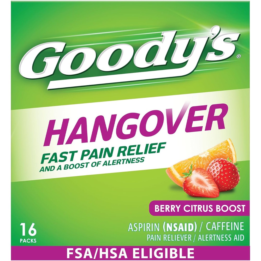 Goody's Hangover Relief Powder 16 Count box front view for fast hangover headache remedy