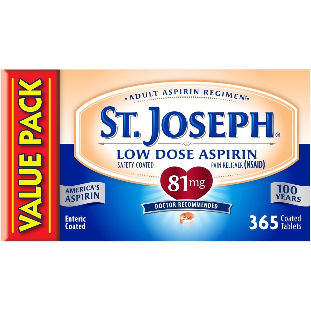 St. Joseph Aspirin 81mg enteric coated 365 count bottle front view