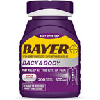 Bayer Extra Strength Back and Body 500 milligram aspirin plus caffeine 200 coated caplets front view bottle