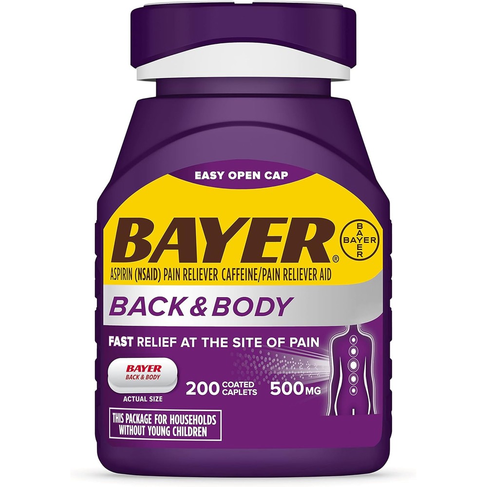 Bayer Extra Strength Back and Body 500 milligram aspirin plus caffeine 200 coated caplets front view bottle