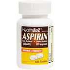 HealthA2Z Aspirin 325mg bottle front view for adult pain relief