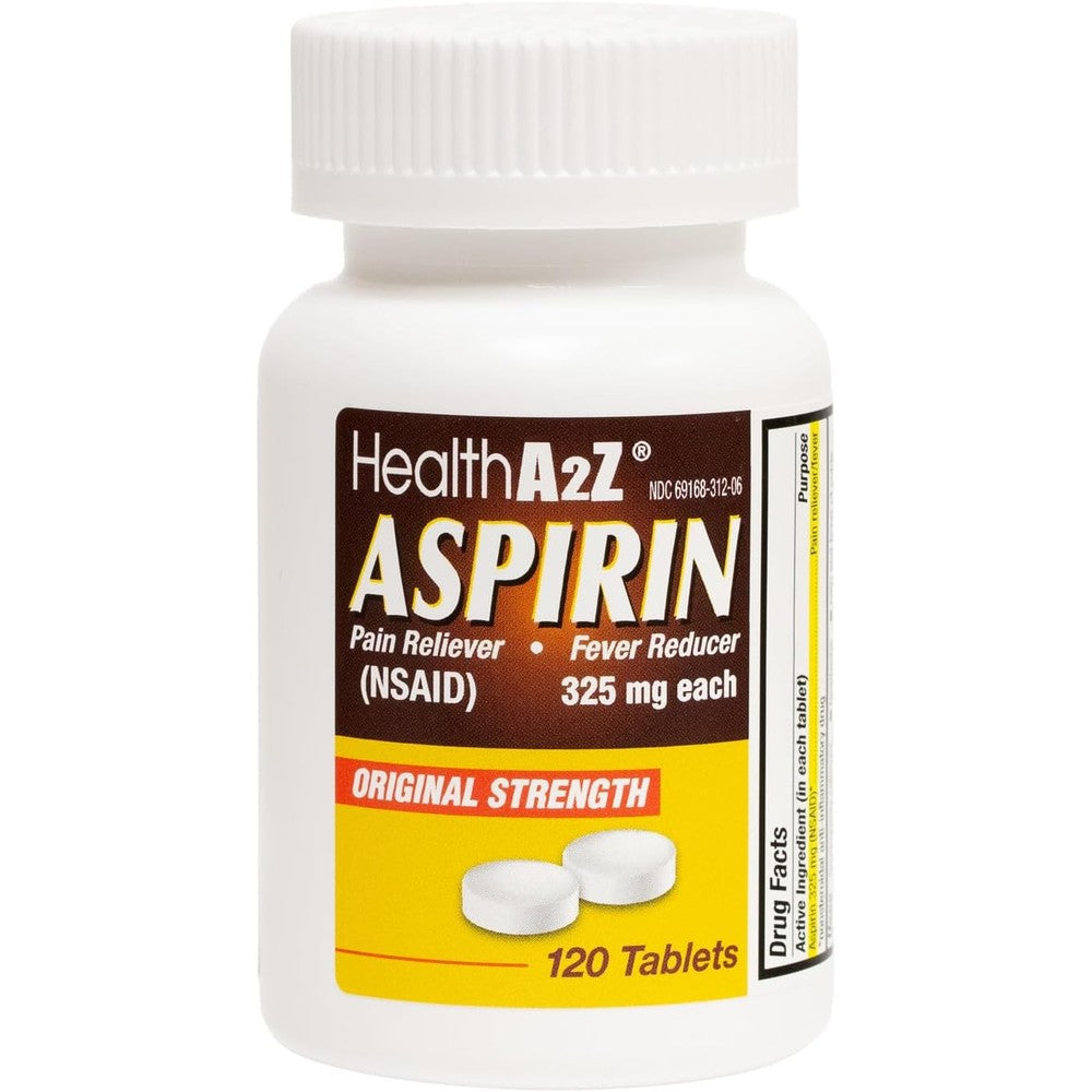 HealthA2Z Aspirin 325mg bottle front view for adult pain relief