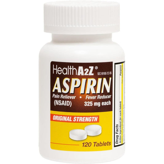 HealthA2Z Aspirin 325mg bottle front view for adult pain relief