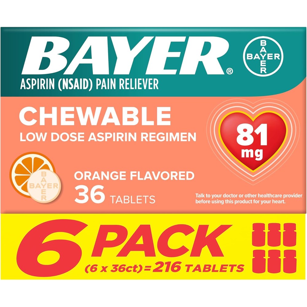 Bayer Aspirin Low Dose 81 mg Chewable Tablets front packaging view