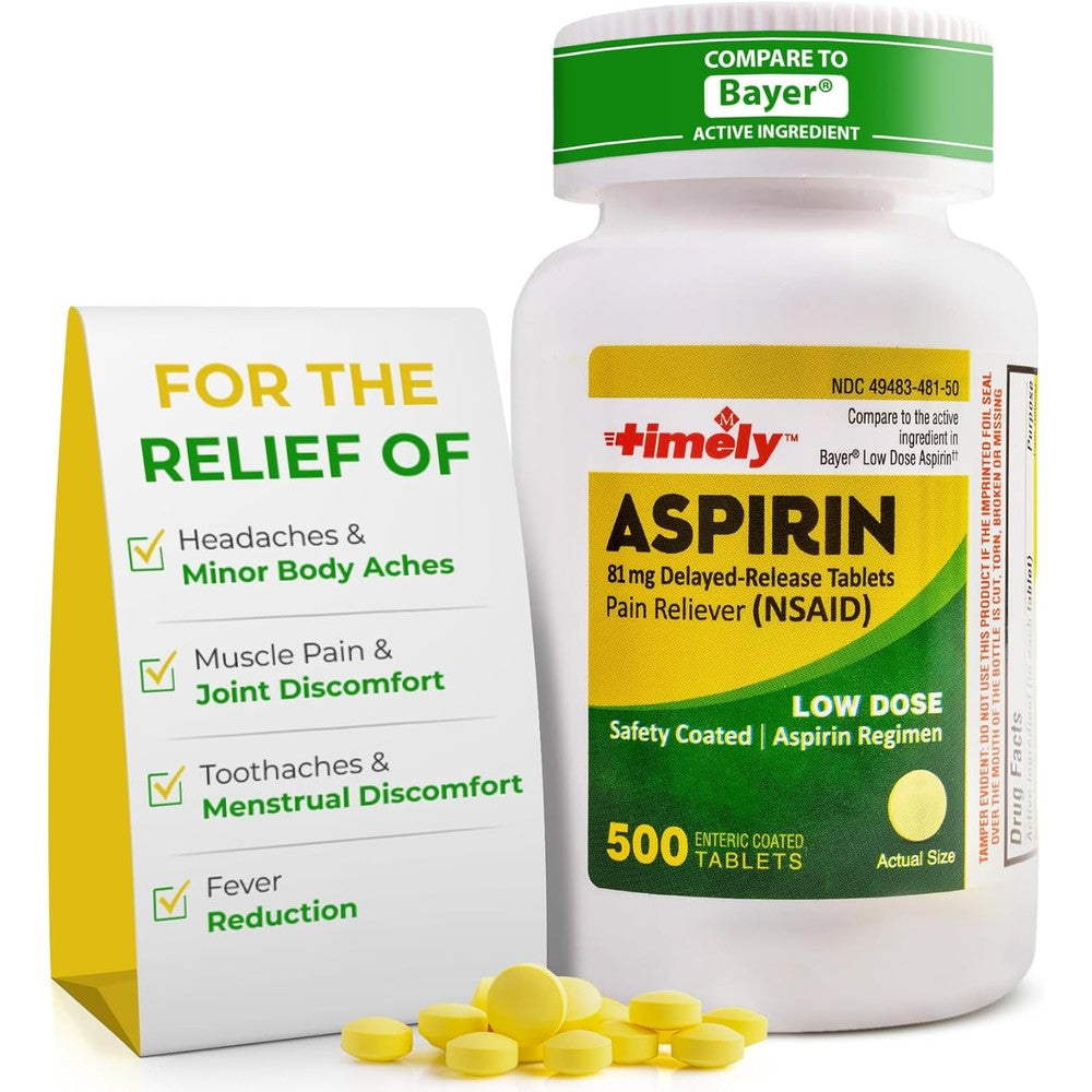 TIME-CAP LABS Timely Low Dose Aspirin 81mg bottle front view for adult pain relief