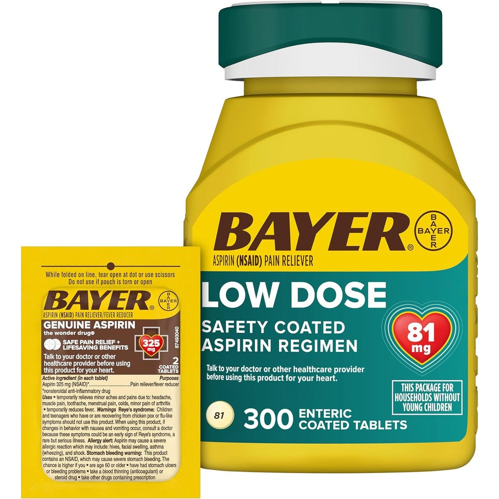 Bayer Aspirin 81mg enteric coated tablets 300 count bottle front view for heart health regimen