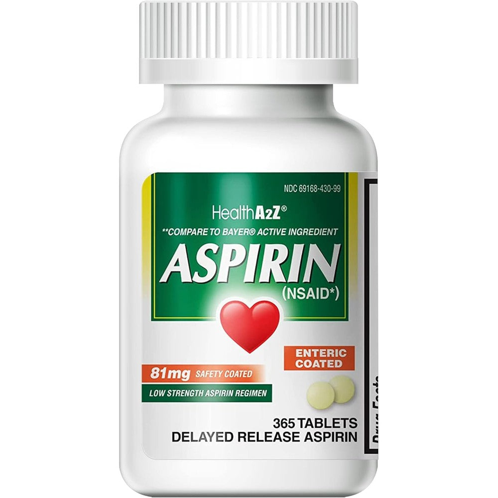 HealthA2Z Aspirin 81 mg front view bottle for low dose pain relief