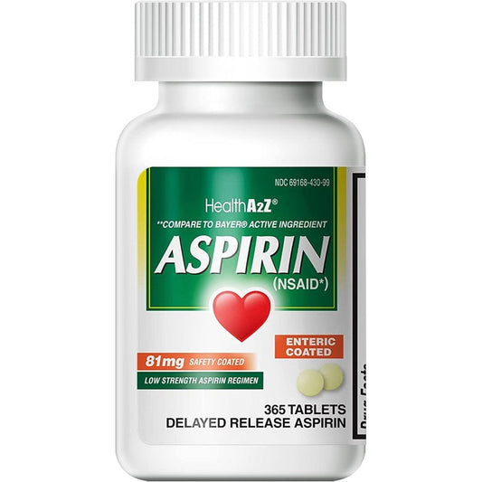HealthA2Z Aspirin 81 mg front view bottle for low dose pain relief