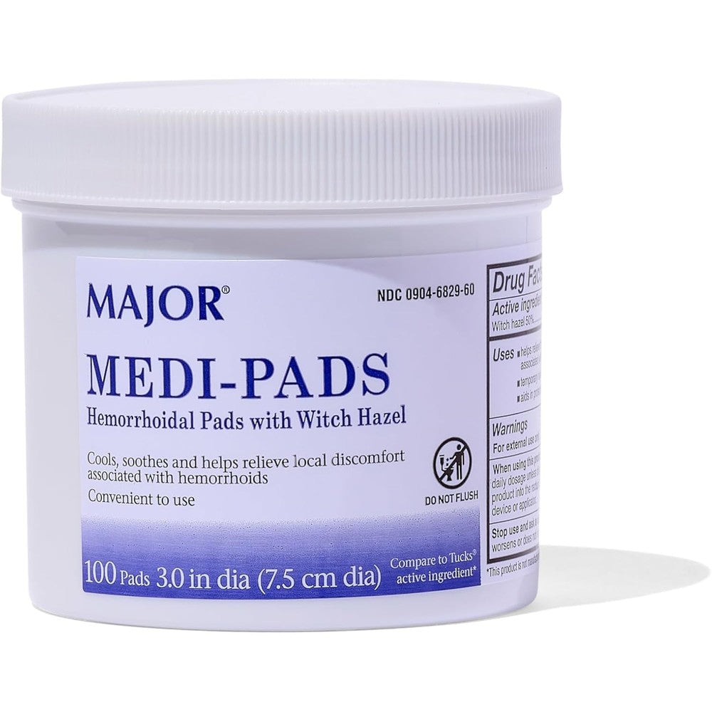 MAJOR Medi-Pads hemorrhoidal hygienic cleansing pads front view showing 100 count jar for cooling relief.