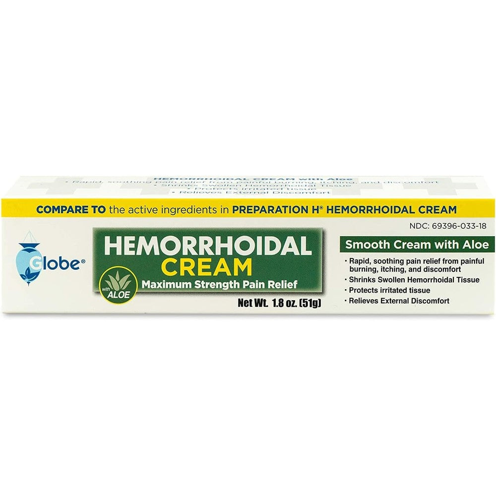 Globe Hemorrhoidal Cream front view of the 1.8 ounces tube showing the authentic USA formulation packaging.