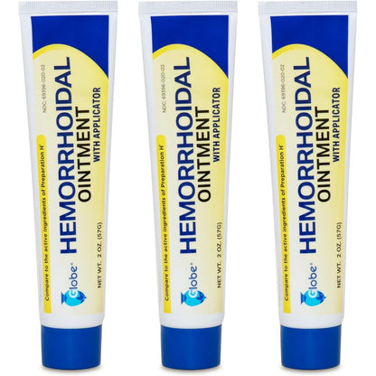 Globe Hemorrhoidal Pain Relief Ointment front view of the package showcasing fast-acting itch and swelling relief.