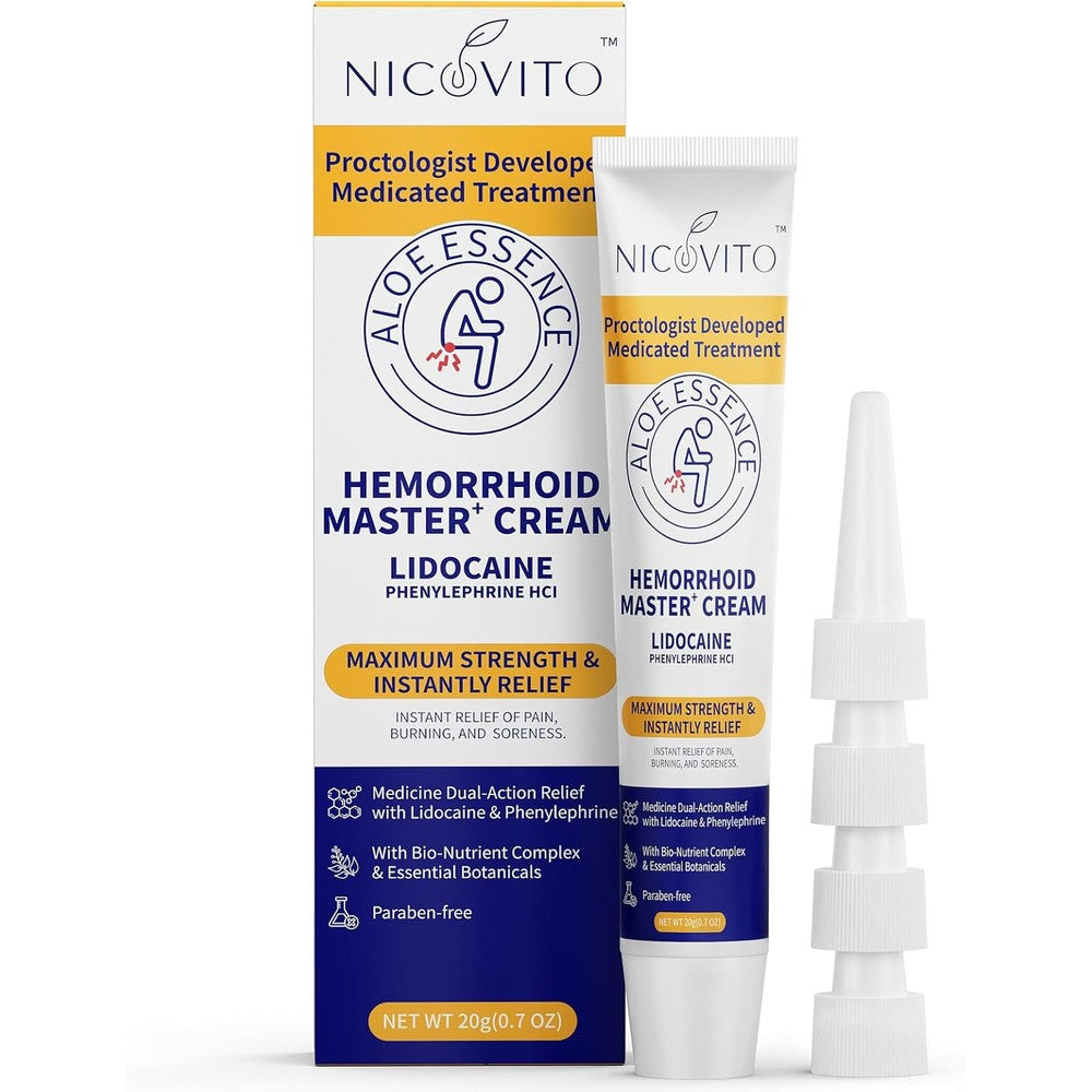 NICOVITO Hemorrhoid and Fissure Treatment Cream front view of the box and tube for pain relief.