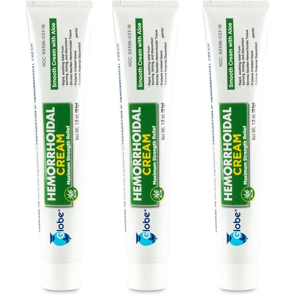 Globe Hemorrhoid Cream 3 Pack front view packaging for piles relief