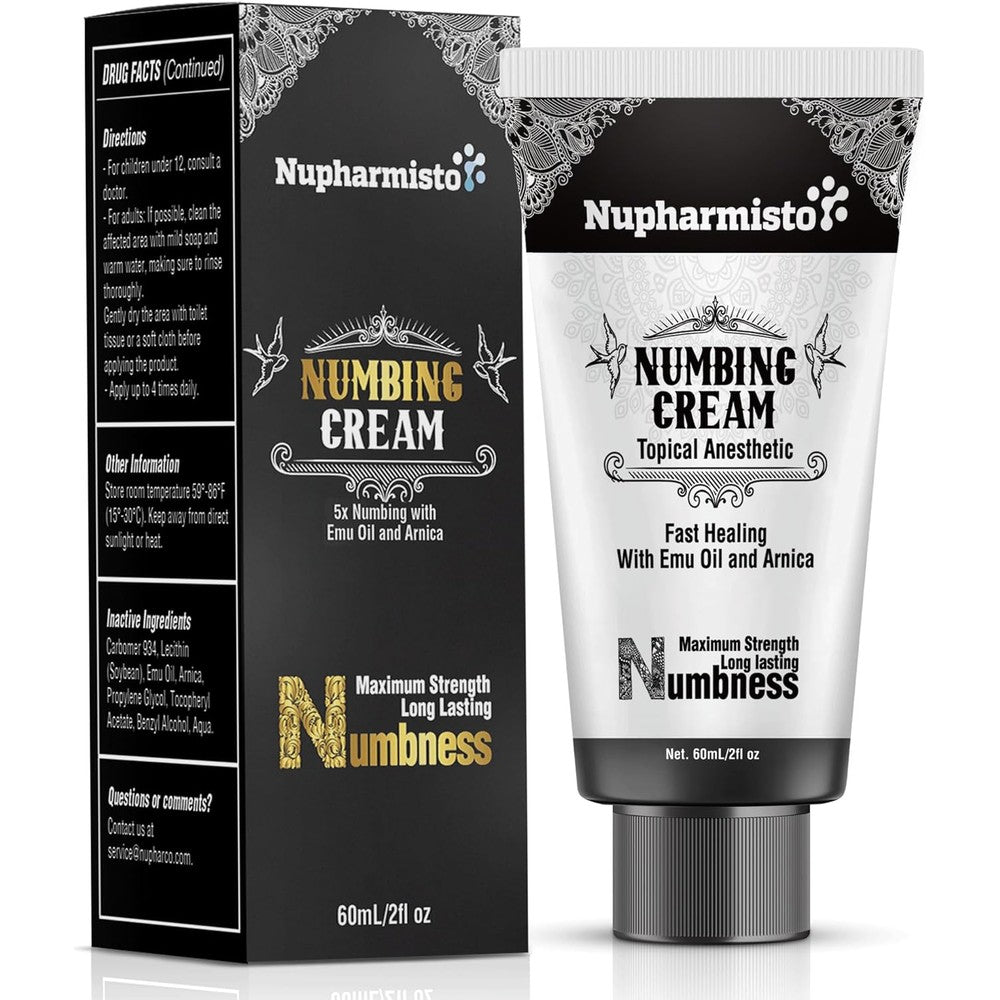 Nupharmisto Lidocaine Numbing Cream sixty gram tube front view for topical pain relief