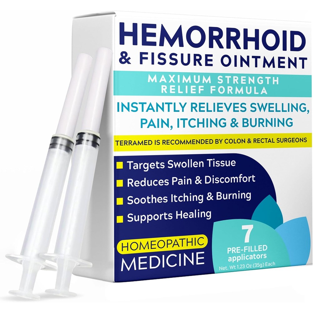 Terramed Just Think Comfort Hemorrhoid and Fissure Ointment front view packaging for fast pain relief.