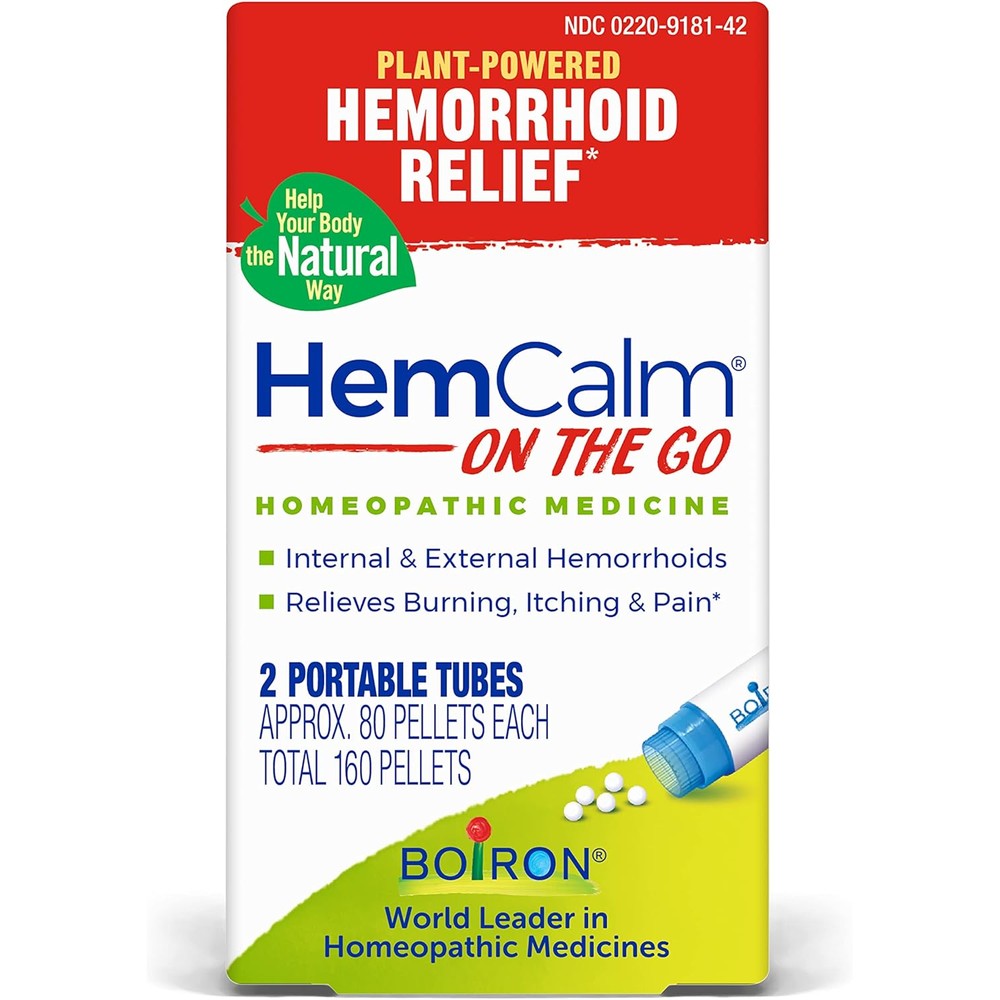 Boiron HemCalm On The Go front packaging showing two tubes of hemorrhoid relief pellets