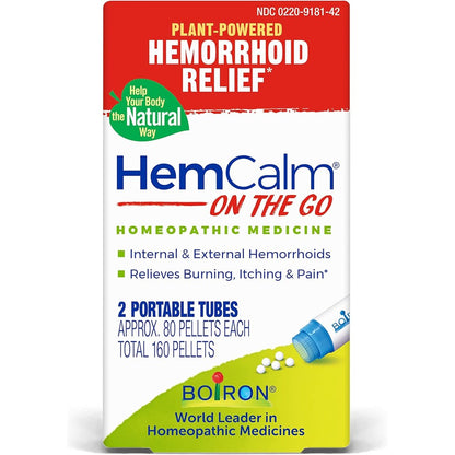 Boiron HemCalm On The Go front packaging showing two tubes of hemorrhoid relief pellets