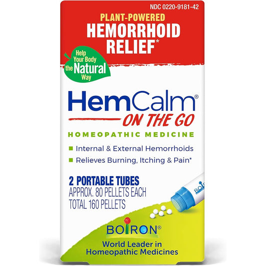 Boiron HemCalm On The Go front packaging showing two tubes of hemorrhoid relief pellets