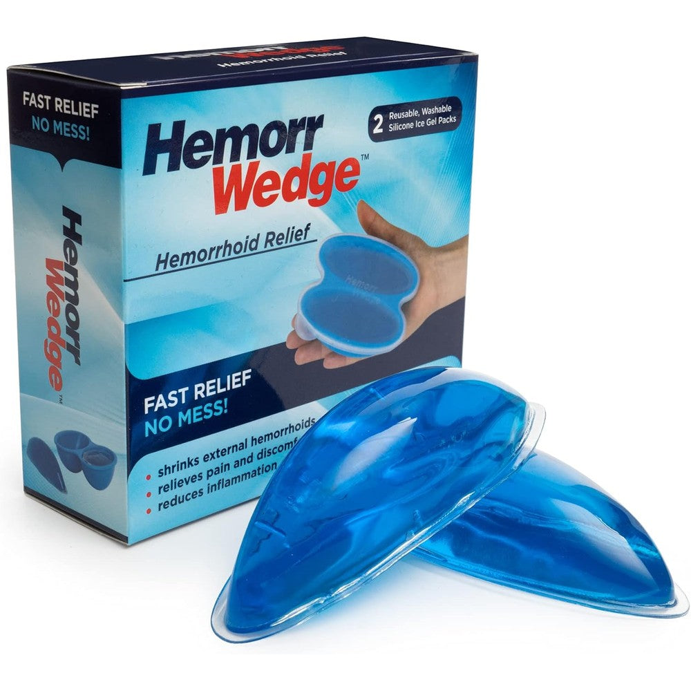 Hemorrwedge hemorrhoid treatment ice pack front view with twin blue gel packs next to the clear hygienic storage case
