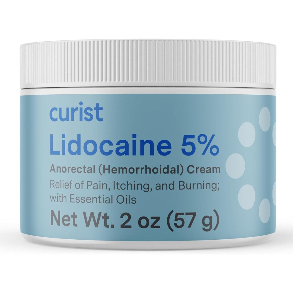Curist 5 percent lidocaine cream front view of two ounce jar for topical pain relief