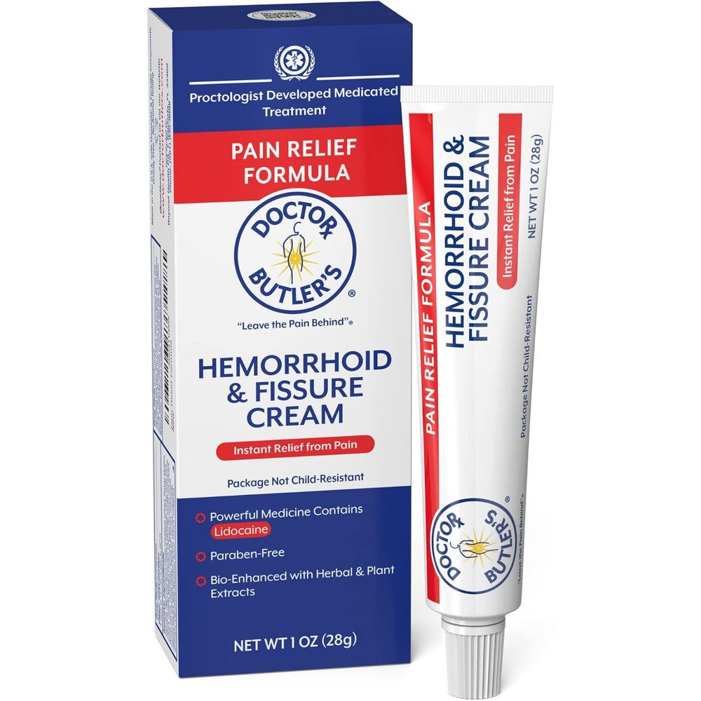 Doctor Butler's Hemorrhoid and Fissure Cream 1 ounce tube front view for instant pain relief.