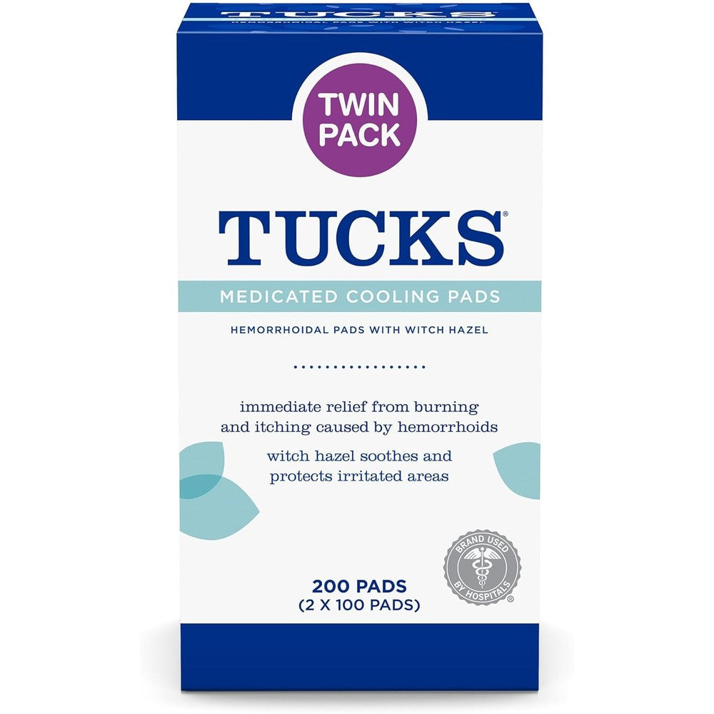 TUCKS Medicated Cooling Pads two hundred count front packaging for hemorrhoid and postpartum relief.