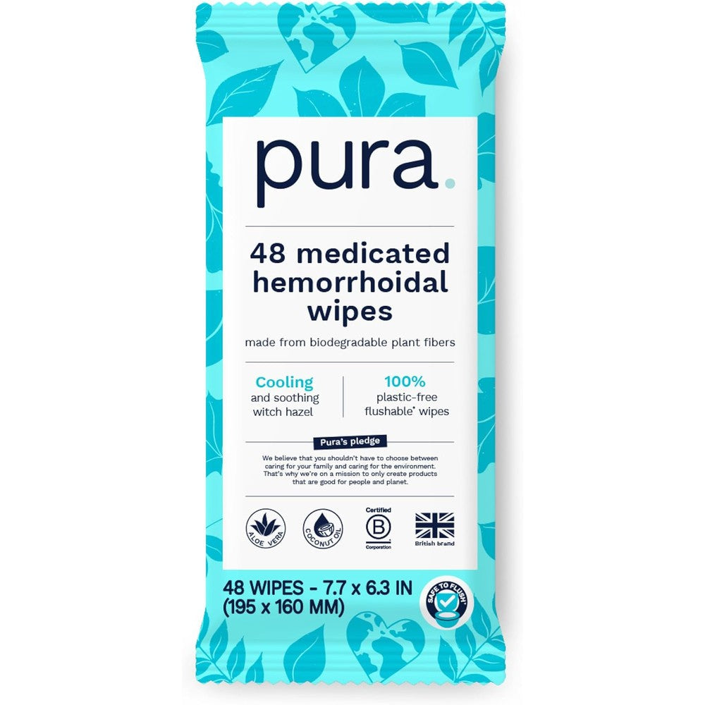 Pura Flushable Hemorrhoid Wipes XL front view of the packaging showcasing forty-eight count medicated wipes.