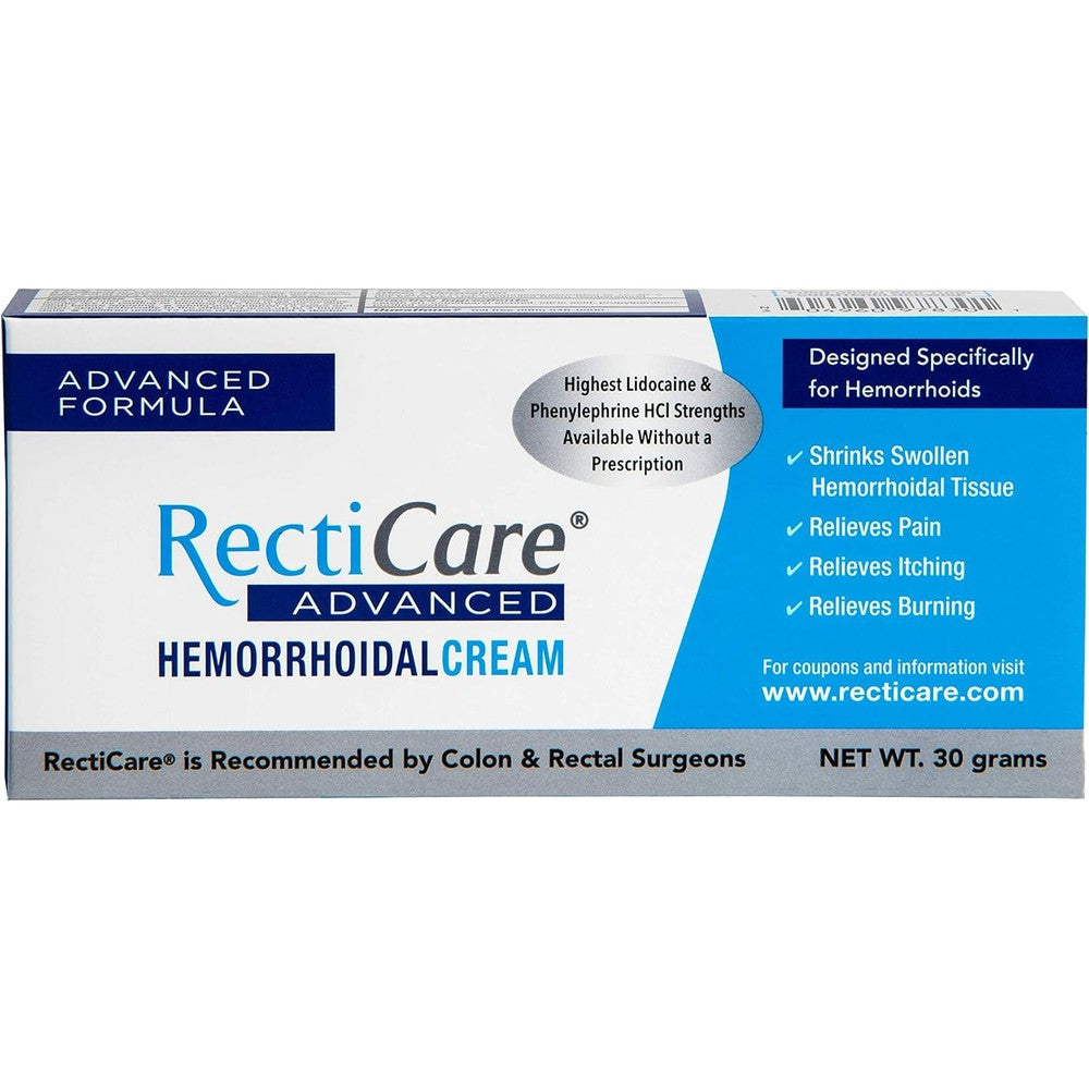 RectiCare Advanced Hemorrhoidal Cream 30 grams front view packaging for maximum strength pain relief