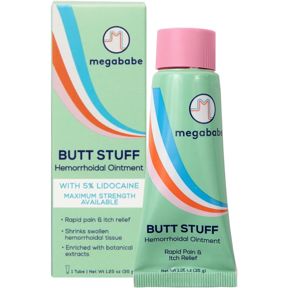Megababe Butt Stuff Hemorrhoidal Ointment front view packaging for rapid pain relief.