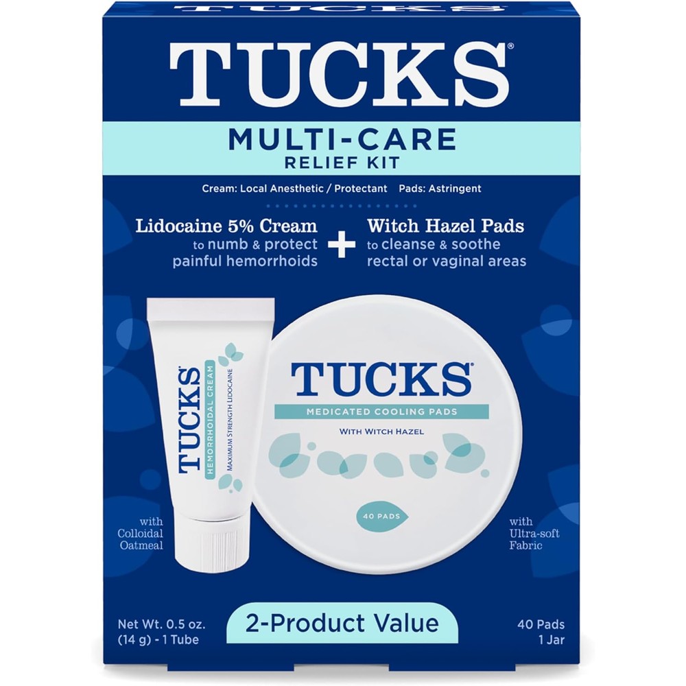 Tucks Multi-Care Relief Kit front packaging showing witch hazel pads and lidocaine cream for authentic American personal care.