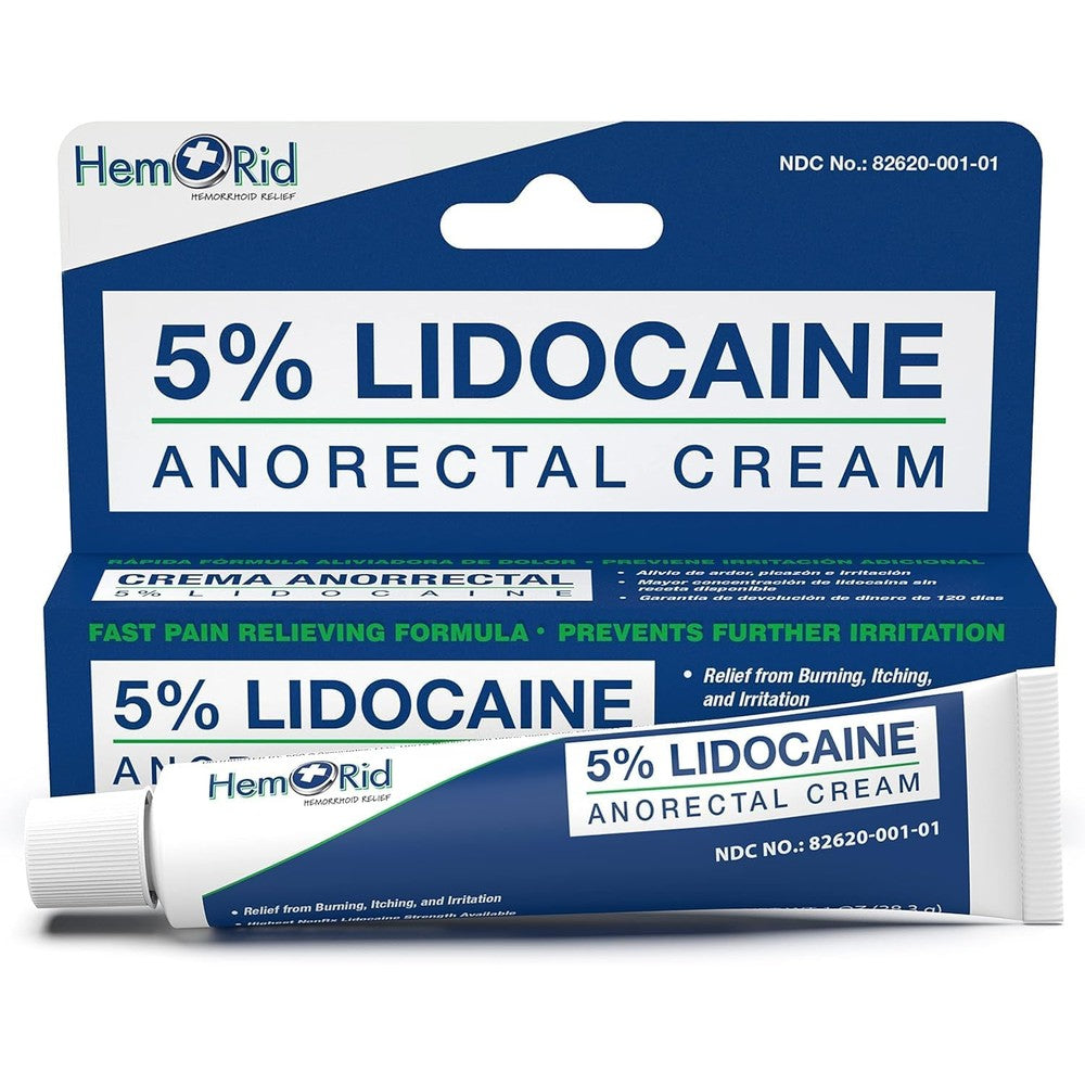 HemRid Maximum Strength Lidocaine Cream front view packaging for fast hemorrhoid pain relief