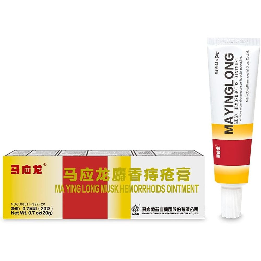 Mayinglong Musk Hemorrhoids Ointment 20 grams tube front view for fast hemorrhoidal relief