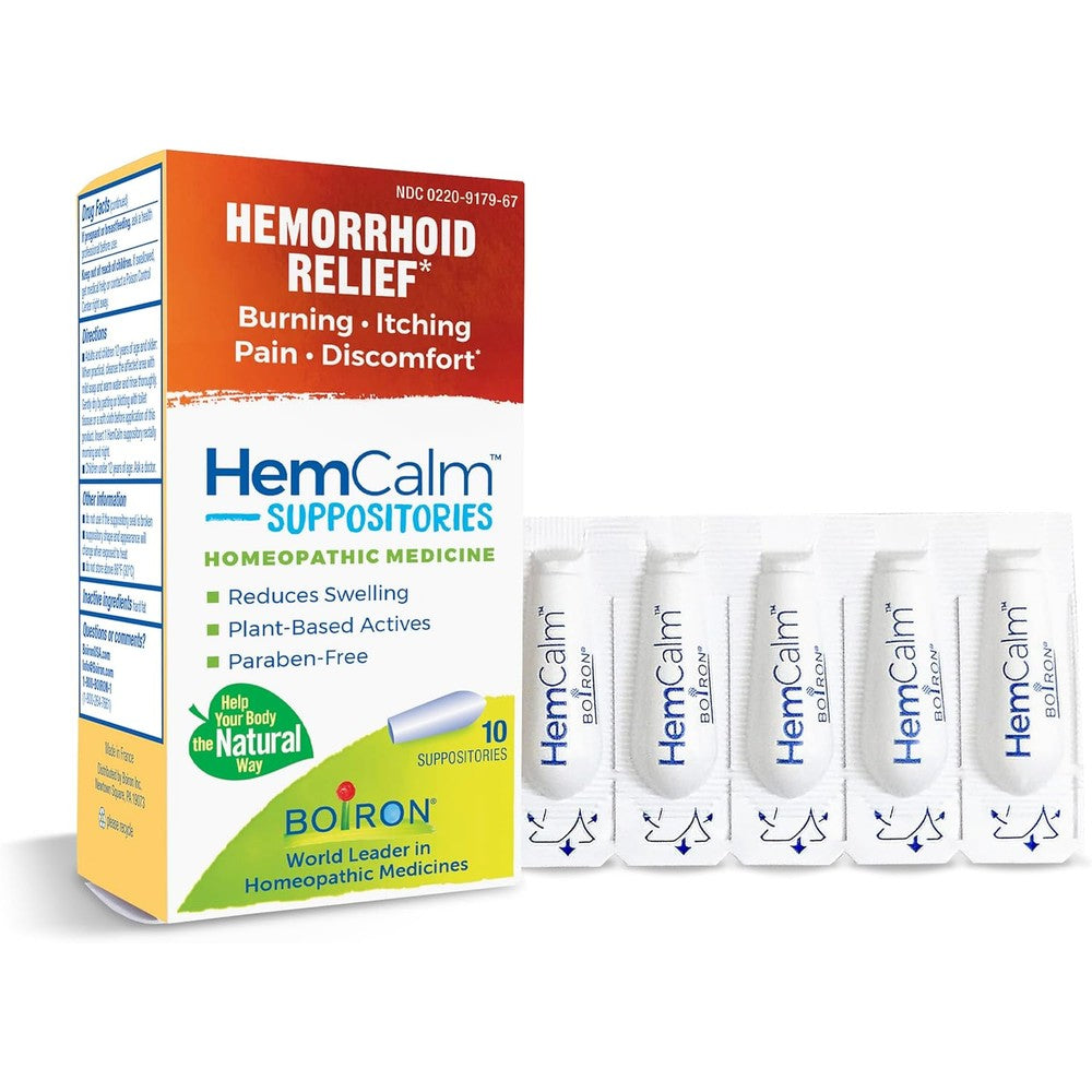 Boiron HemCalm Suppositories 10 Count box front view showcasing homeopathic hemorrhoid relief.