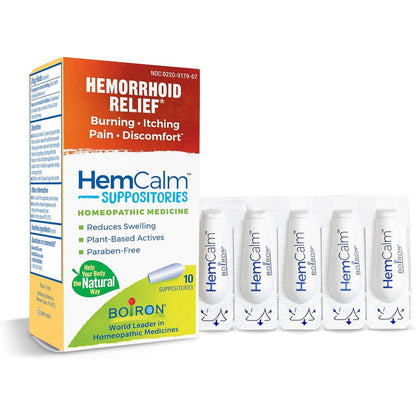 Boiron HemCalm Suppositories 10 Count box front view showcasing homeopathic hemorrhoid relief.
