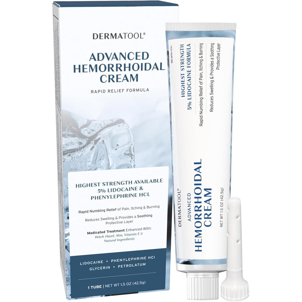 Dermatool Advanced Hemorrhoid Cream front packaging showing 5 percent lidocaine maximum strength topical treatment.