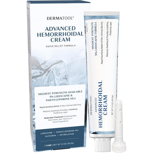 Dermatool Advanced Hemorrhoid Cream front packaging showing 5 percent lidocaine maximum strength topical treatment.