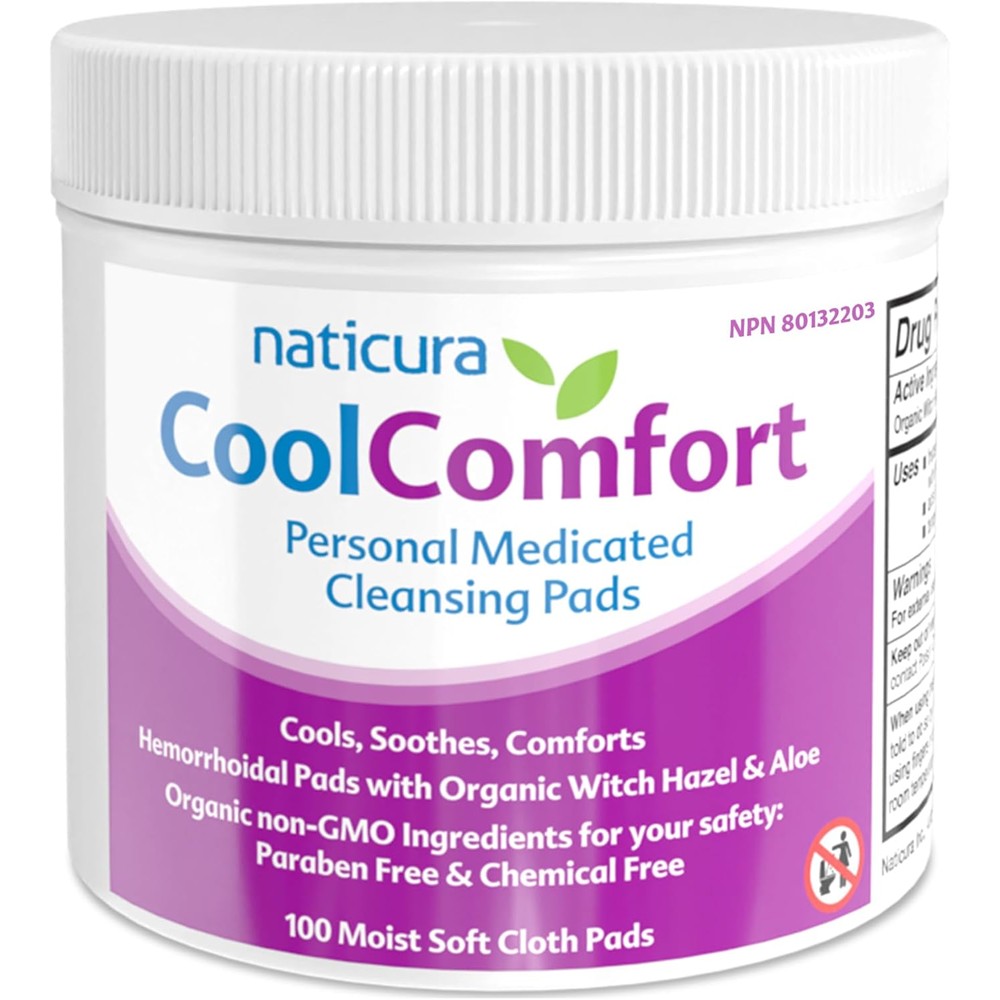 Naticura CoolComfort hemorrhoid relief cleansing pads front jar view for cooling relief