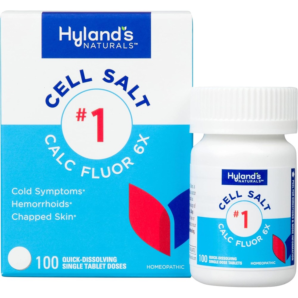 Hyland's Naturals Cell Salt Number 1 Calc Fluor 6X tablets bottle front view for cold and skin relief