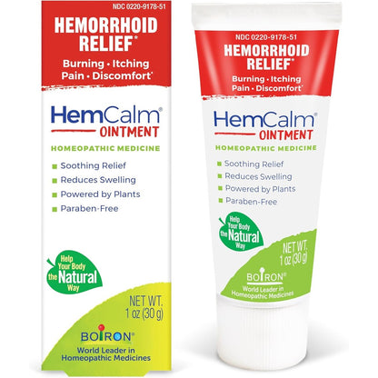 Boiron HemCalm Ointment front view packaging for homeopathic piles relief.