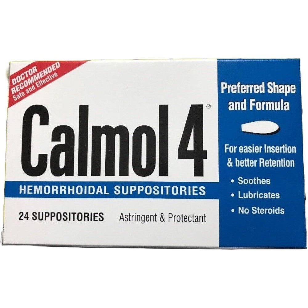 Calmol 4 Hemorrhoidal Suppositories 24 Count front view of packaging for anorectal relief