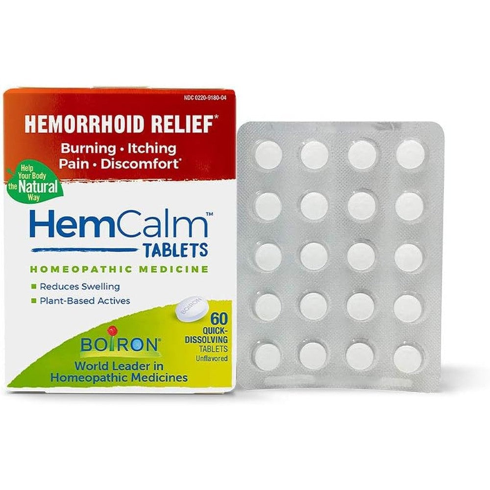Boiron HemCalm Hemorrhoid Relief Tablets front view packaging for swelling and pain relief