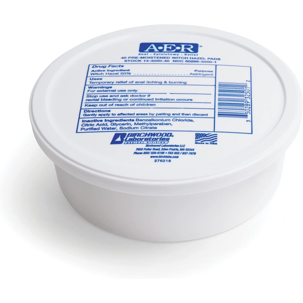 Birchwood Laboratories AER Medicated Witch Hazel Pads 40 Count front packaging displaying active ingredients.
