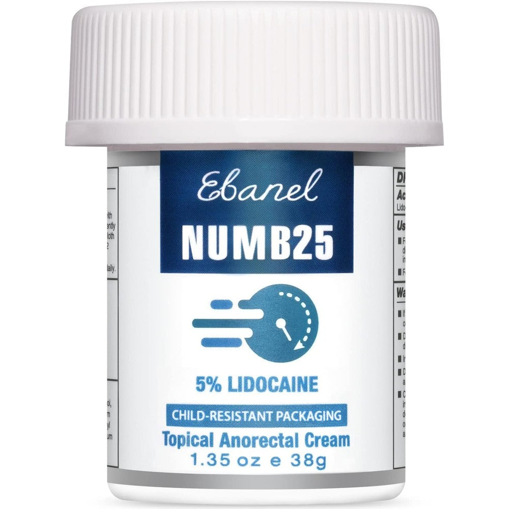 Ebanel 5 Percent Lidocaine Numbing Cream 1.35 Ounce tube front view for pain relief packaging
