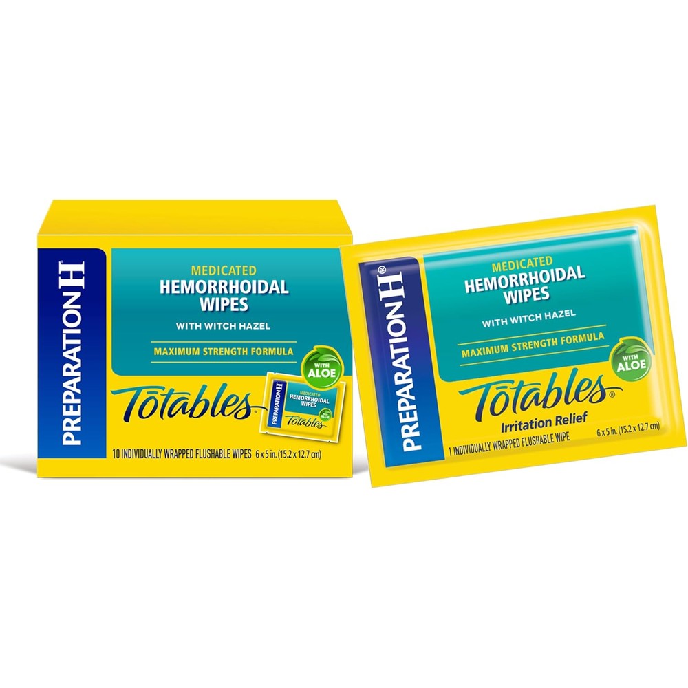 Preparation H Totables Hemorrhoid Flushable Wipes front view box packaging