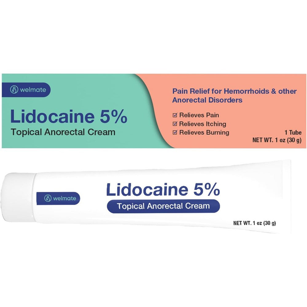 Foille Welmate five percent lidocaine cream one ounce tube front view for rapid hemorrhoid pain relief.
