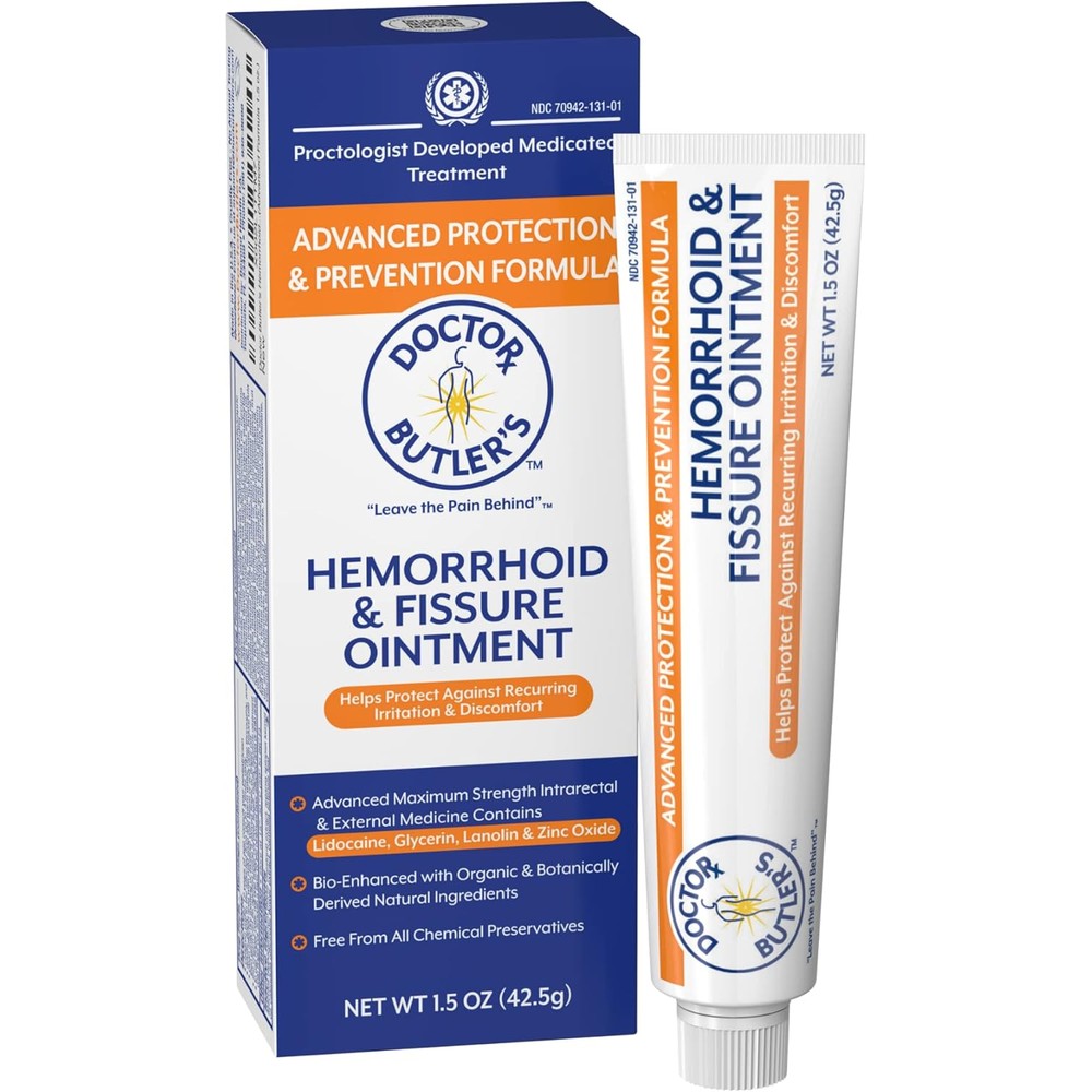 Doctor Butler's Advanced Hemorrhoid and Fissure Ointment front packaging for fast pain relief.
