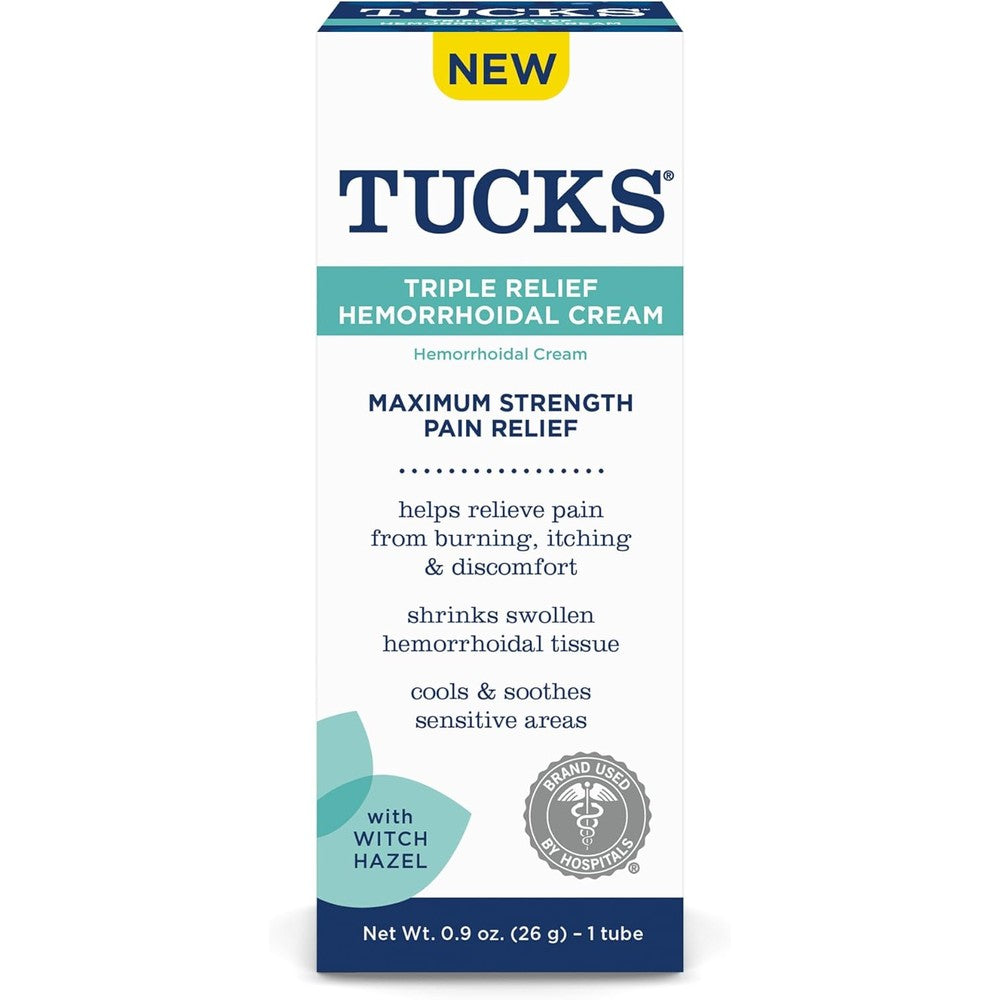 Tucks Triple Relief Hemorrhoidal Cream front view of maximum strength tube packaging