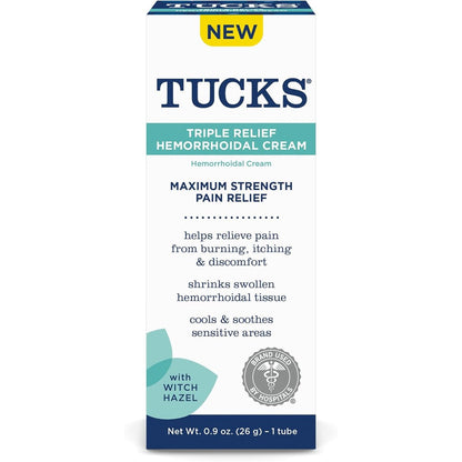 Tucks Triple Relief Hemorrhoidal Cream front view of maximum strength tube packaging